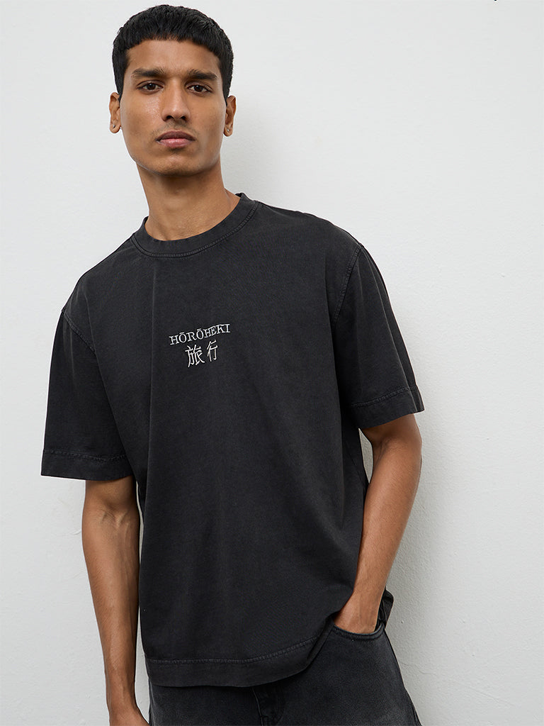 Nuon Charcoal Printed Relaxed-Fit Cotton T-Shirt