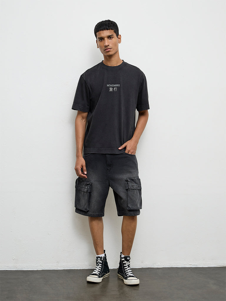 Nuon Charcoal Printed Relaxed-Fit Cotton T-Shirt