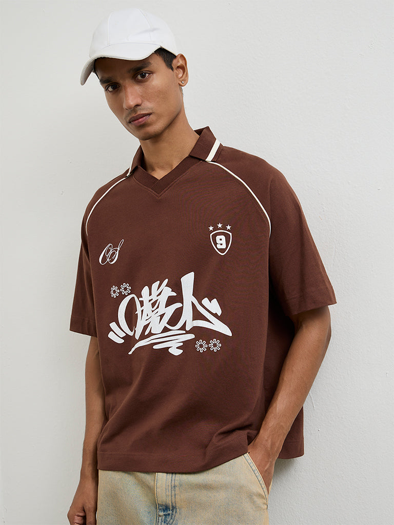 Nuon Brown Printed Relaxed-Fit Cotton T-Shirt