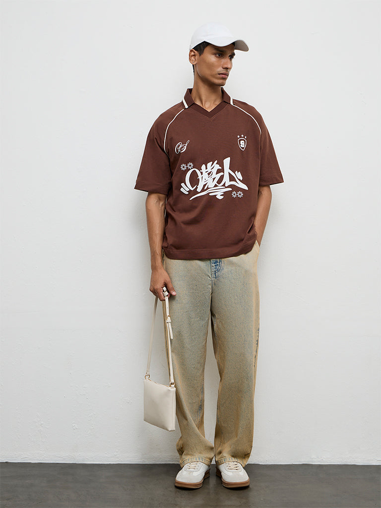 Nuon Brown Printed Relaxed-Fit Cotton T-Shirt