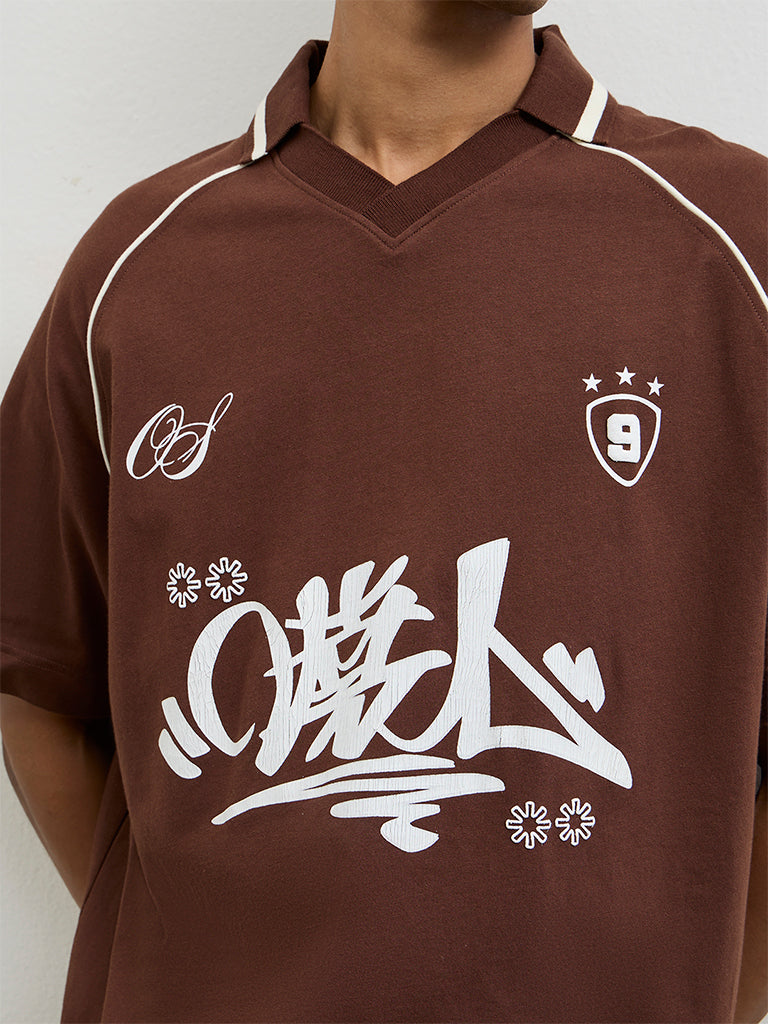 Nuon Brown Printed Relaxed-Fit Cotton T-Shirt
