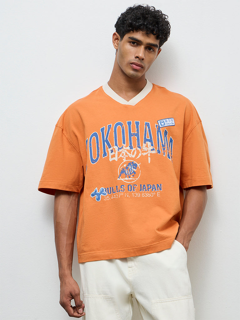 Nuon Orange Text Printed Cotton Oversized T-Shirt
