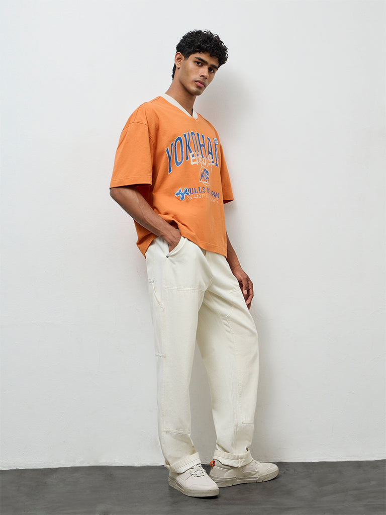 Nuon Orange Text Printed Cotton Oversized T-Shirt