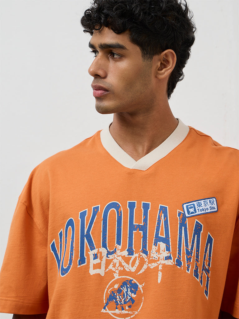 Nuon Orange Text Printed Cotton Oversized T-Shirt