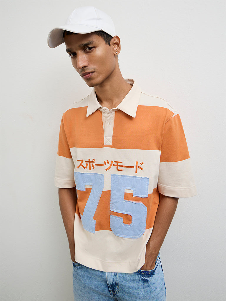 Nuon Orange Color-Blocked Relaxed-Fit Cotton Polo T-Shirt