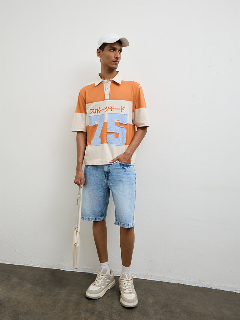 Nuon Orange Color-Blocked Relaxed-Fit Cotton Polo T-Shirt