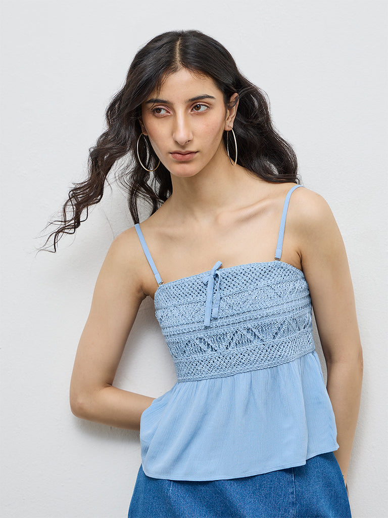 Bombay Paisley Blue Crochet Cotton-Blend Top