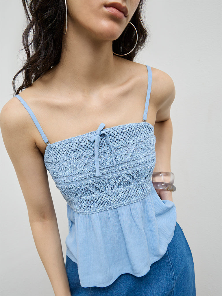 Bombay Paisley Blue Crochet Cotton-Blend Top