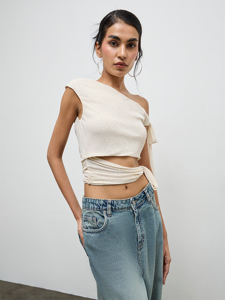 Nuon Cream Studded Tie-Up One-Shoulder Top