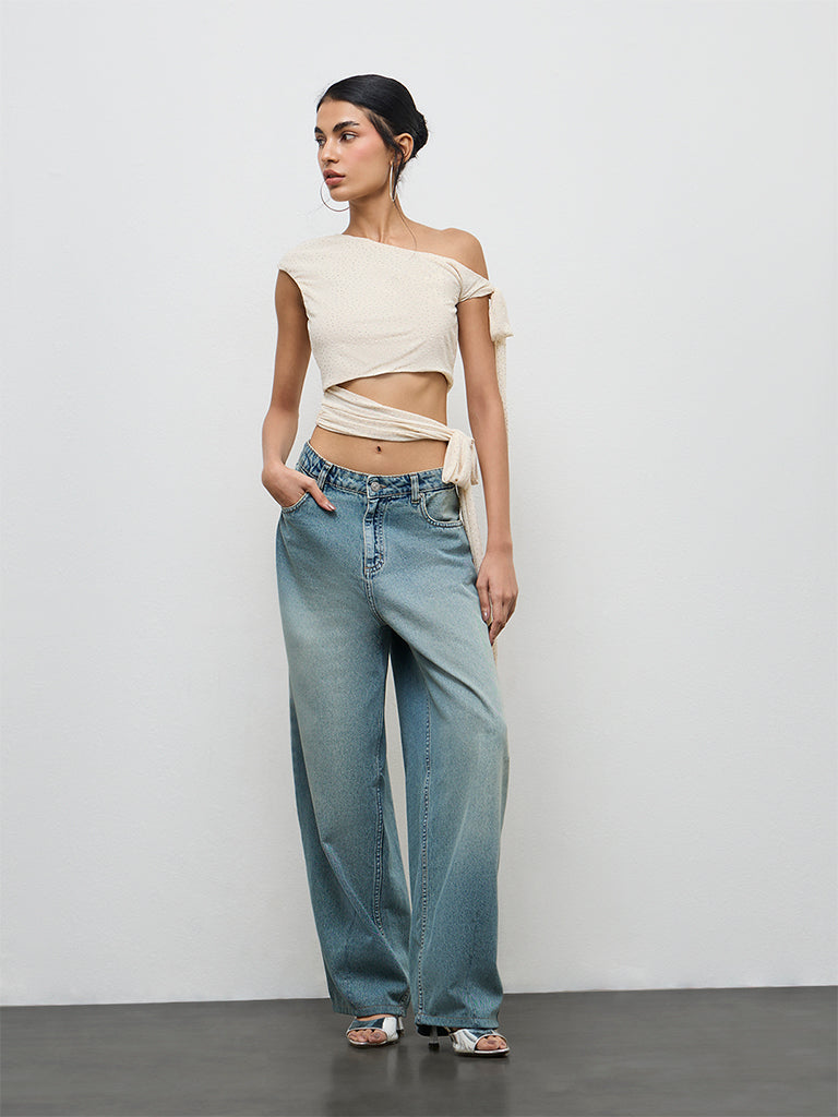 Nuon Cream Studded Tie-Up One-Shoulder Top