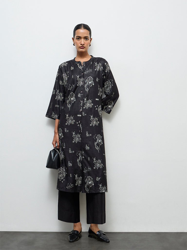 Zuba Black Floral Printed A-Line Kurta