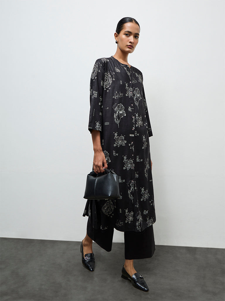 Zuba Black Floral Printed A-Line Kurta