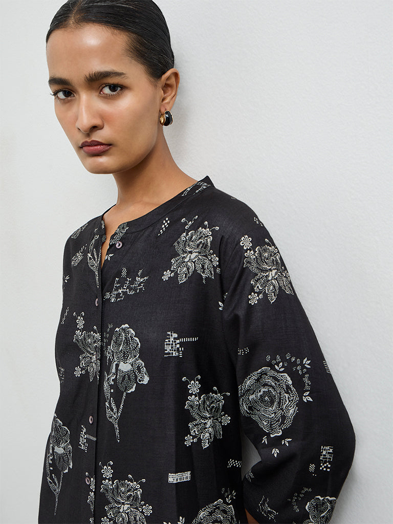 Zuba Black Floral Printed A-Line Kurta
