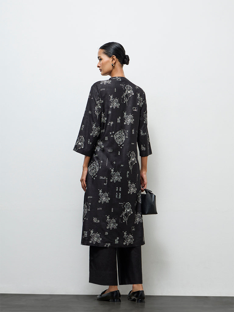 Zuba Black Floral Printed A-Line Kurta