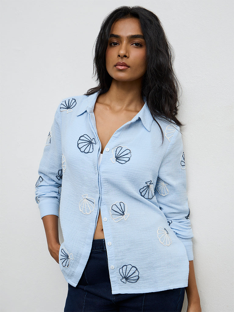 LOV Light Blue Seashell Embroidered Shirt