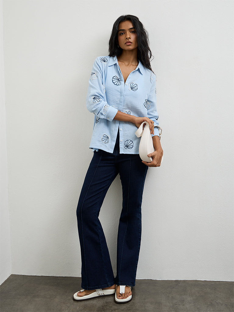 LOV Light Blue Seashell Embroidered Shirt