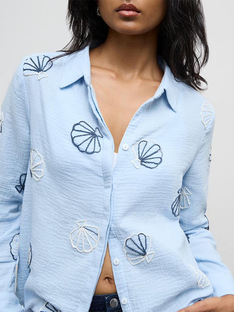 LOV Light Blue Seashell Embroidered Shirt