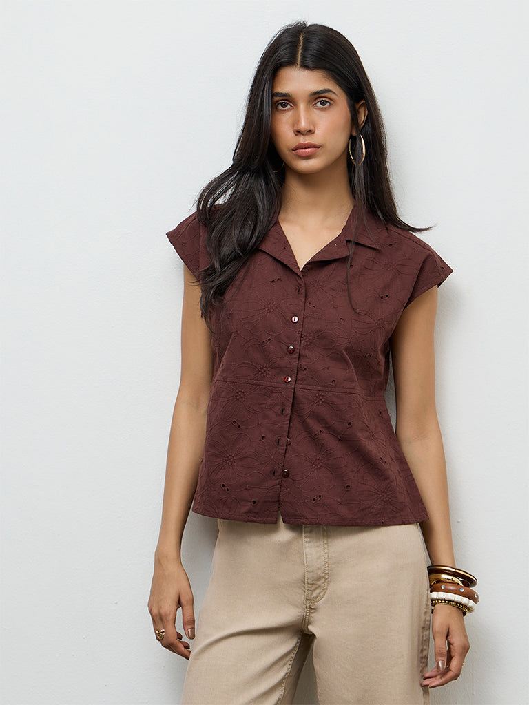 LOV Dark Brown Floral Embroidered Cotton Blouse