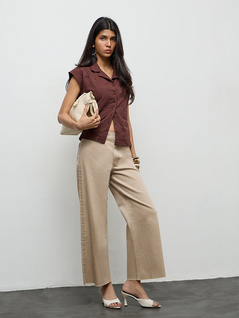 LOV Dark Brown Floral Embroidered Cotton Blouse