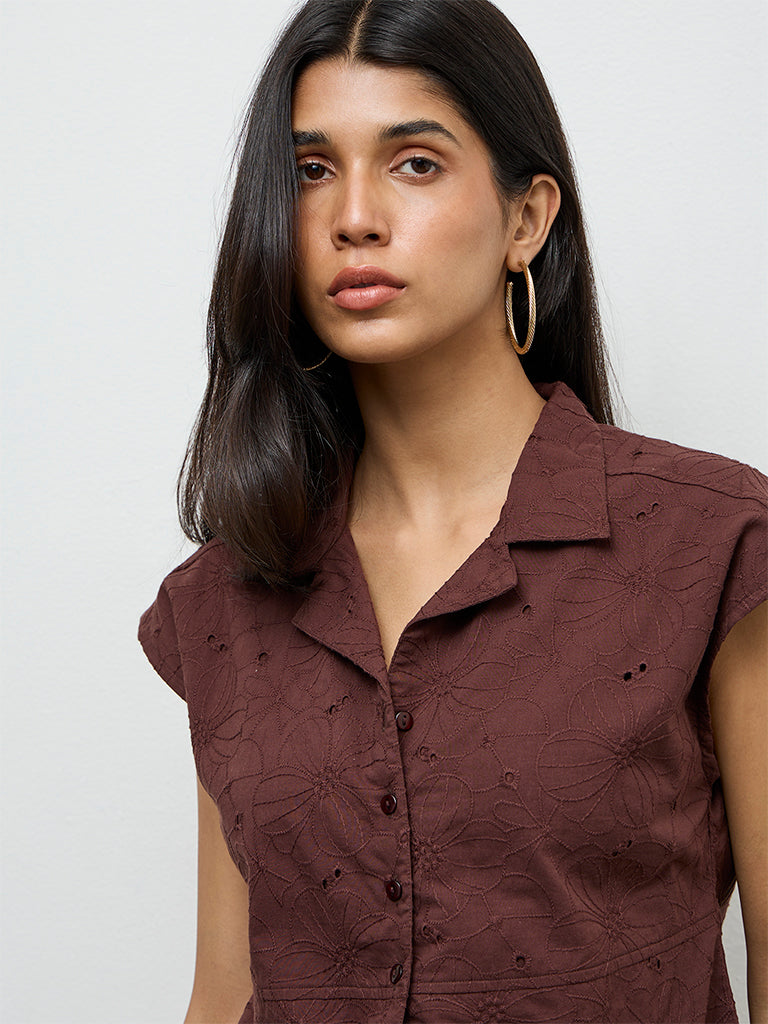 LOV Dark Brown Floral Embroidered Cotton Blouse