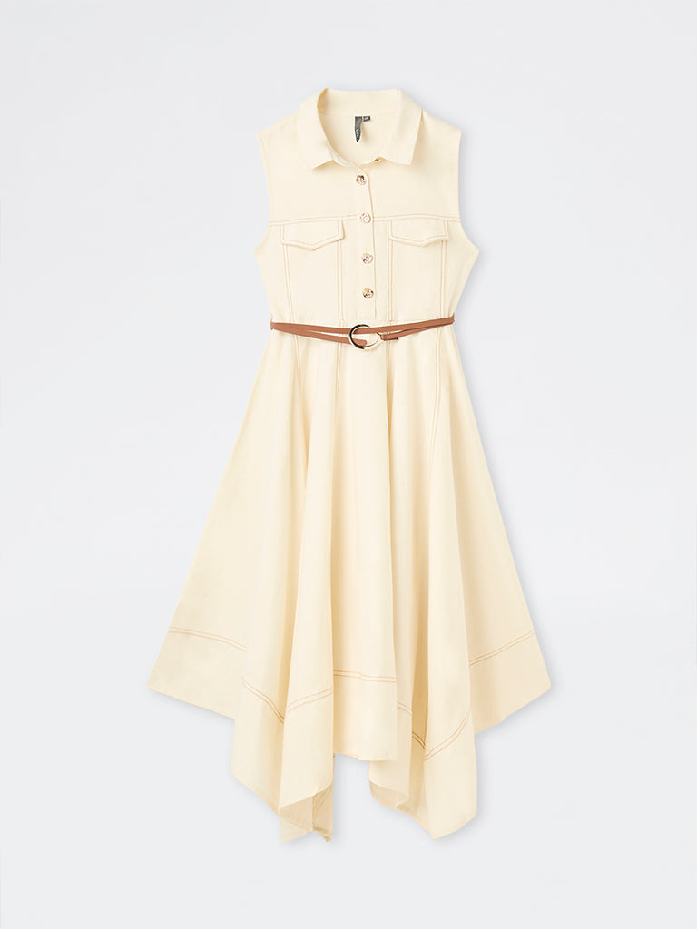 LOV Off-White Cotton-Blend A-Line Dress with Belt