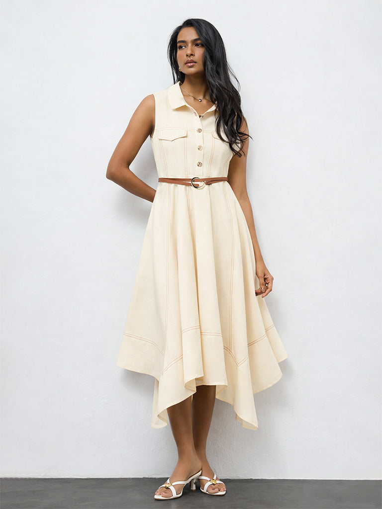 LOV Off-White Cotton-Blend A-Line Dress with Belt
