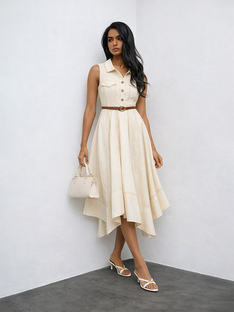 LOV Off-White Cotton-Blend A-Line Dress with Belt