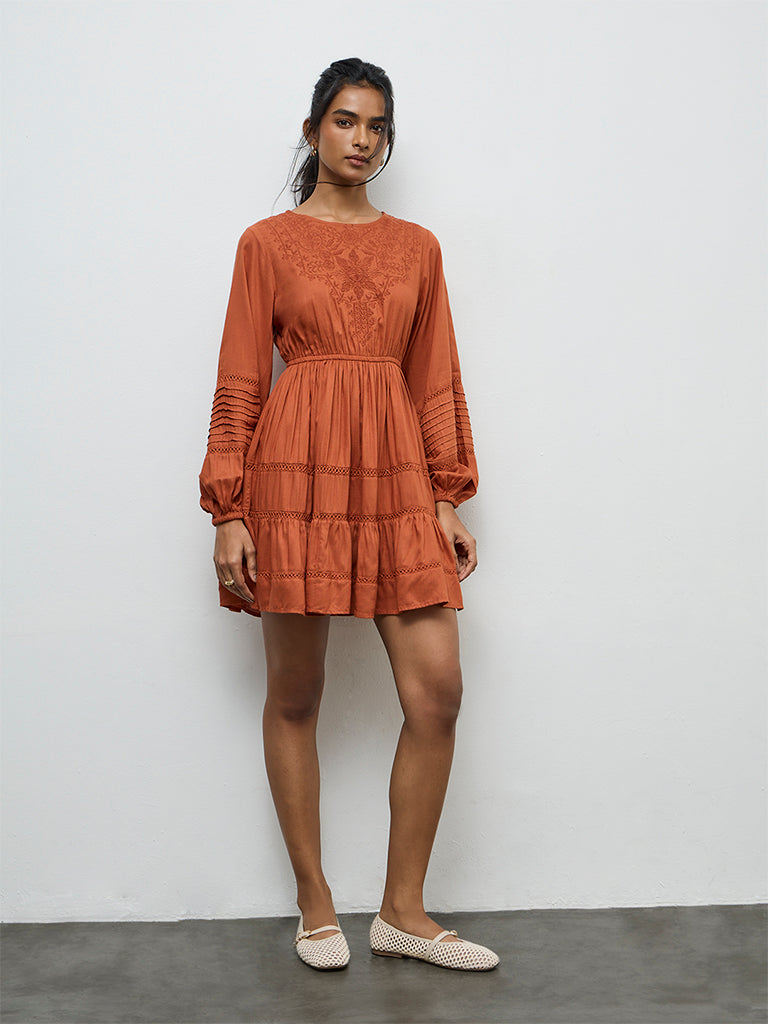 LOV Rust Floral Embroidered Tiered Dress