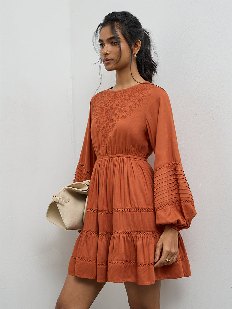LOV Rust Floral Embroidered Tiered Dress