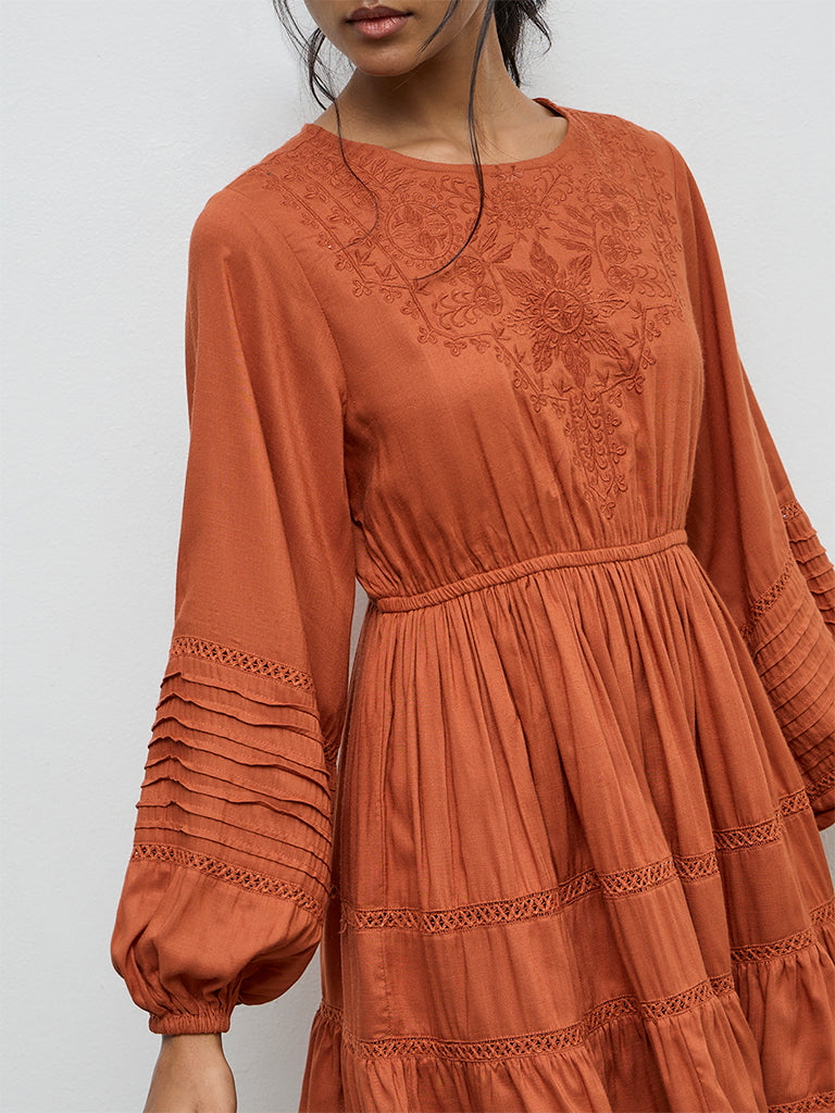 LOV Rust Floral Embroidered Tiered Dress