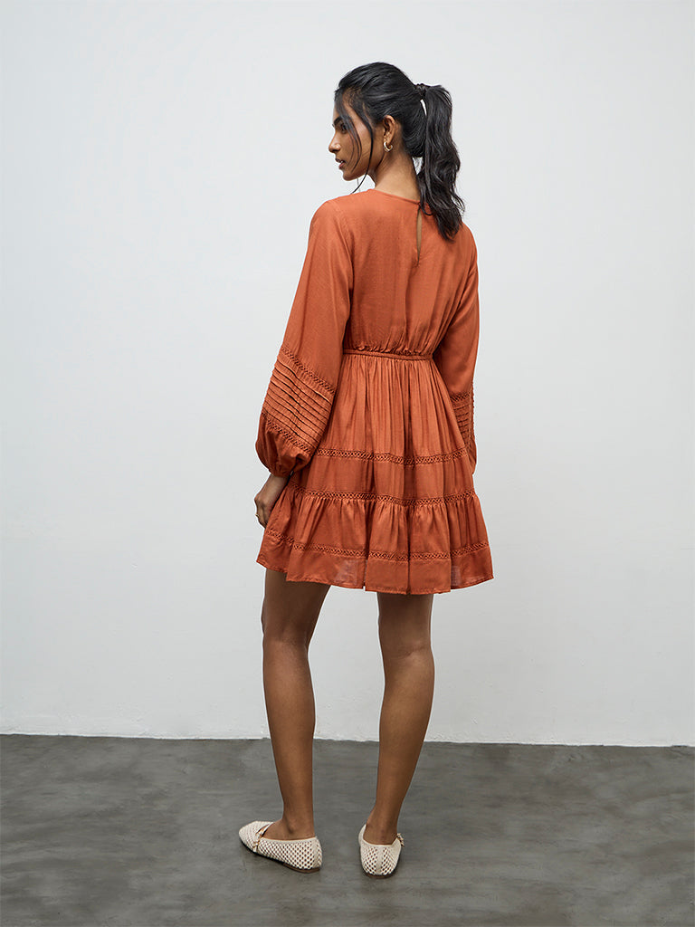 LOV Rust Floral Embroidered Tiered Dress