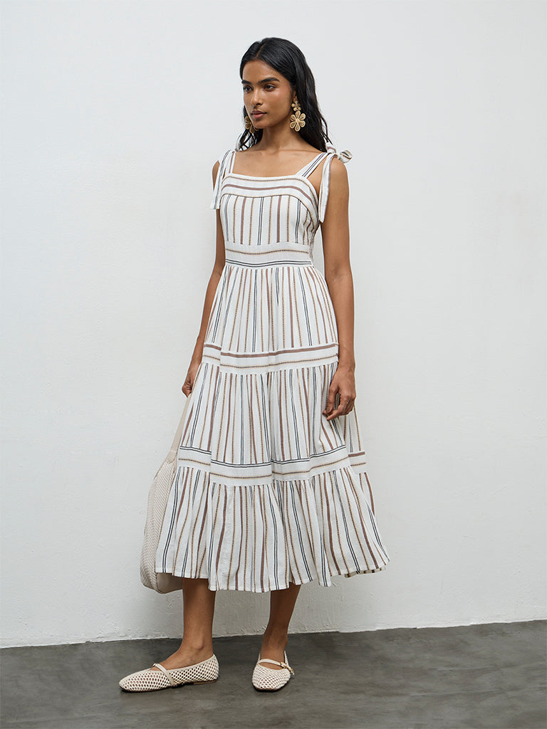 LOV Off-White Striped Cotton-Blend Tiered Dress