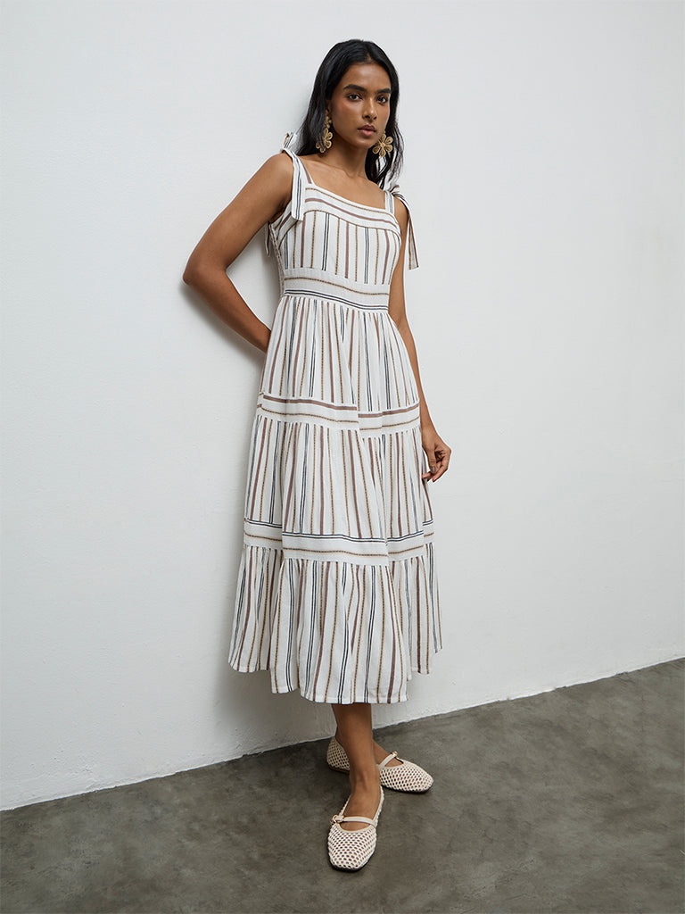 LOV Off-White Striped Cotton-Blend Tiered Dress