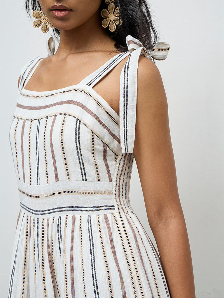 LOV Off-White Striped Cotton-Blend Tiered Dress
