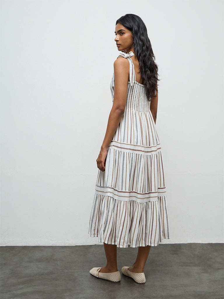 LOV Off-White Striped Cotton-Blend Tiered Dress