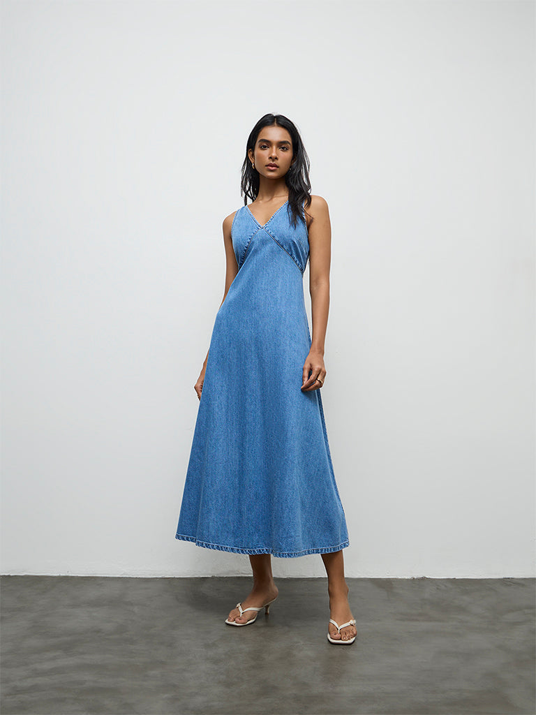 LOV Light Blue Denim A-Line Dress
