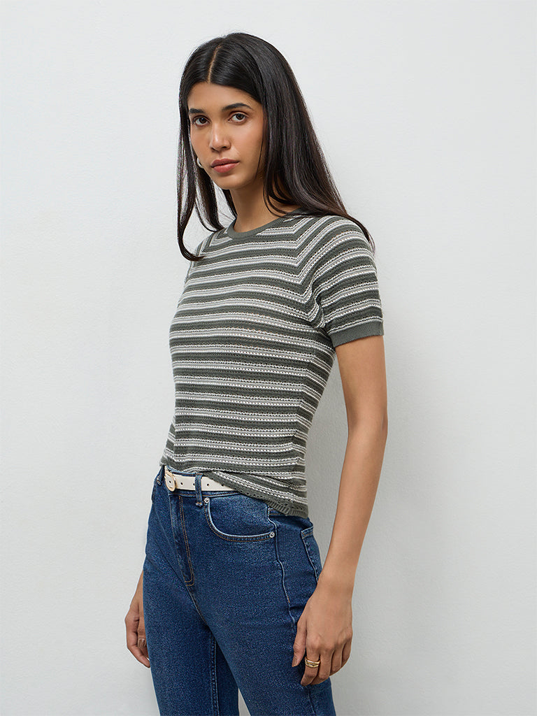 LOV Olive Striped Knit-Textured T-Shirt