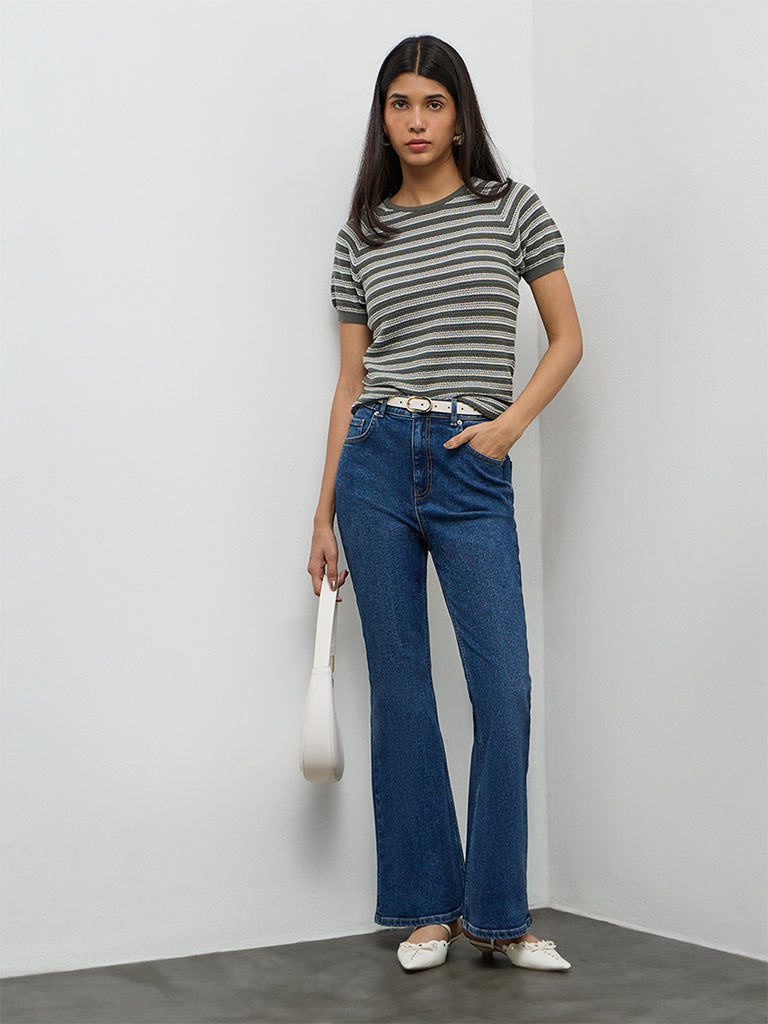 LOV Olive Striped Knit-Textured T-Shirt