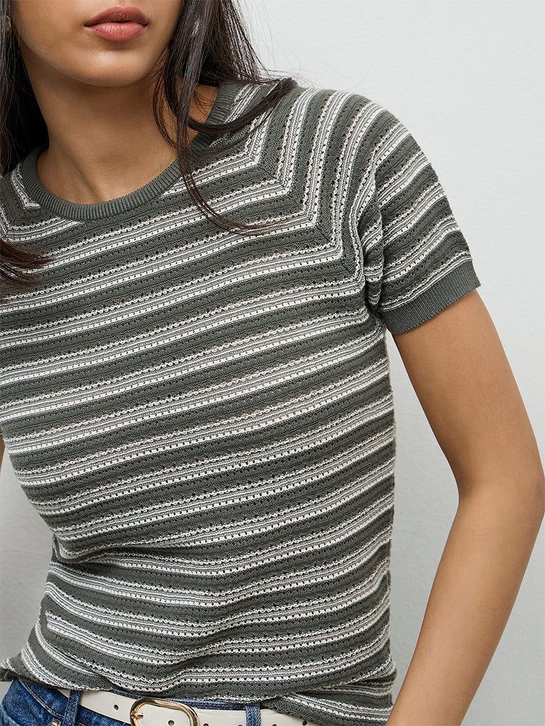 LOV Olive Striped Knit-Textured T-Shirt
