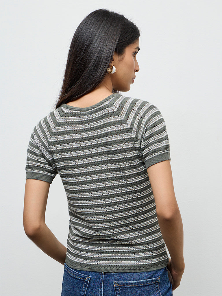 LOV Olive Striped Knit-Textured T-Shirt