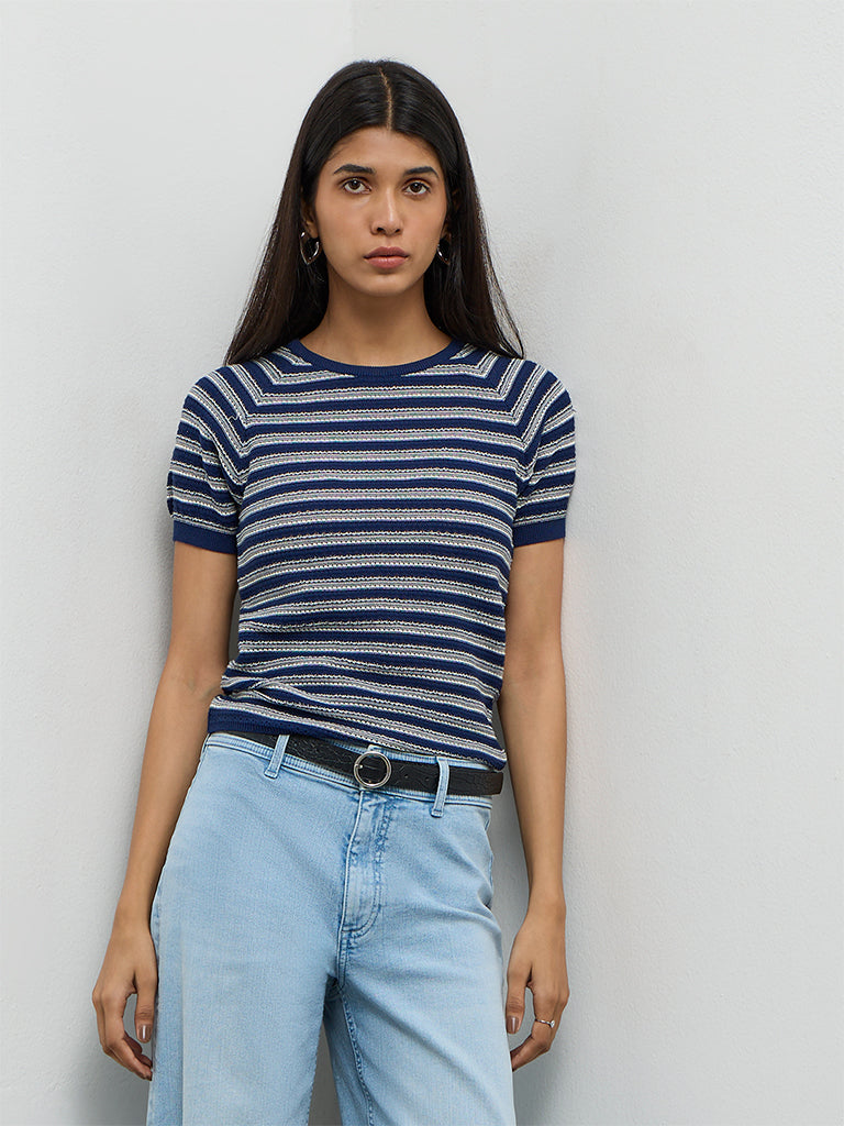 LOV Navy Striped Knit-Textured T-Shirt