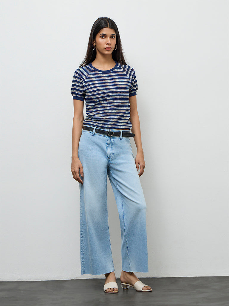 LOV Navy Striped Knit-Textured T-Shirt