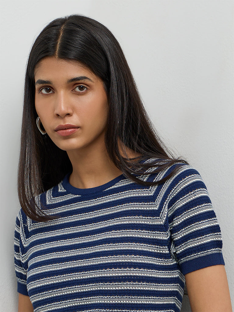 LOV Navy Striped Knit-Textured T-Shirt