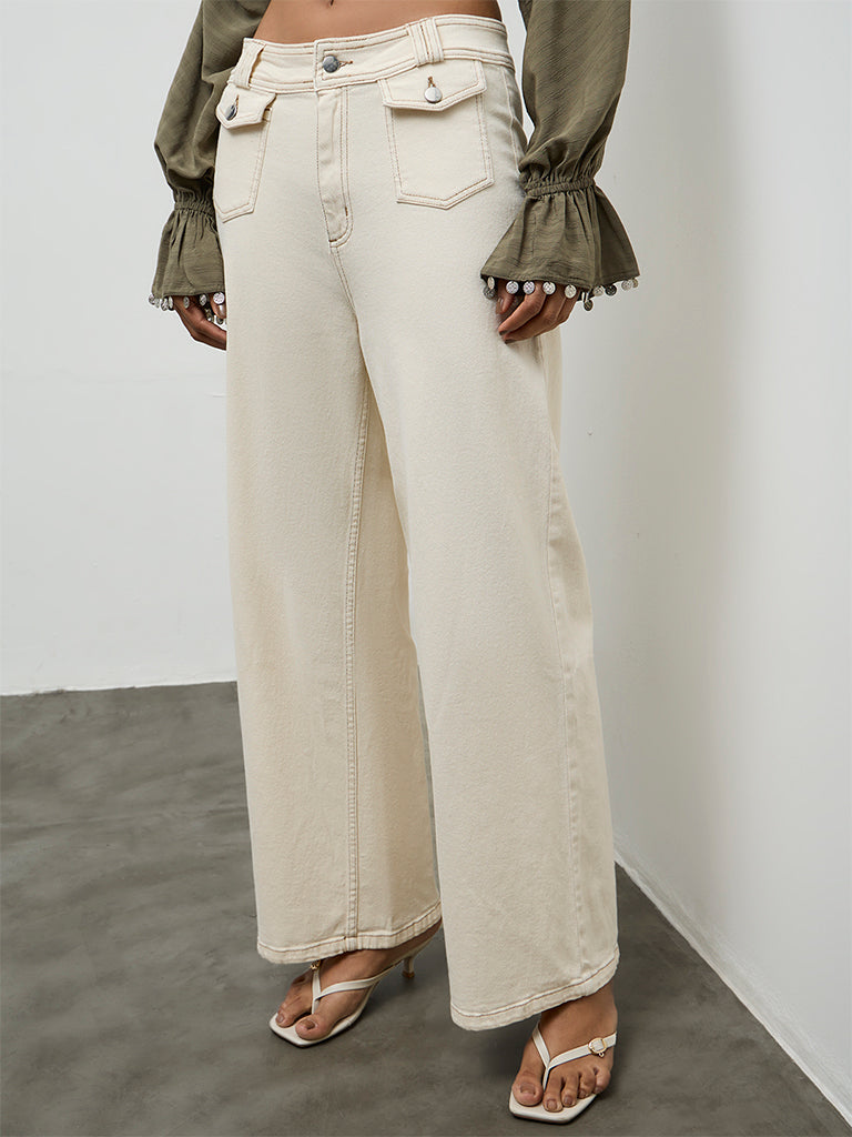 LOV Off-White Solid High-Rise Jeans