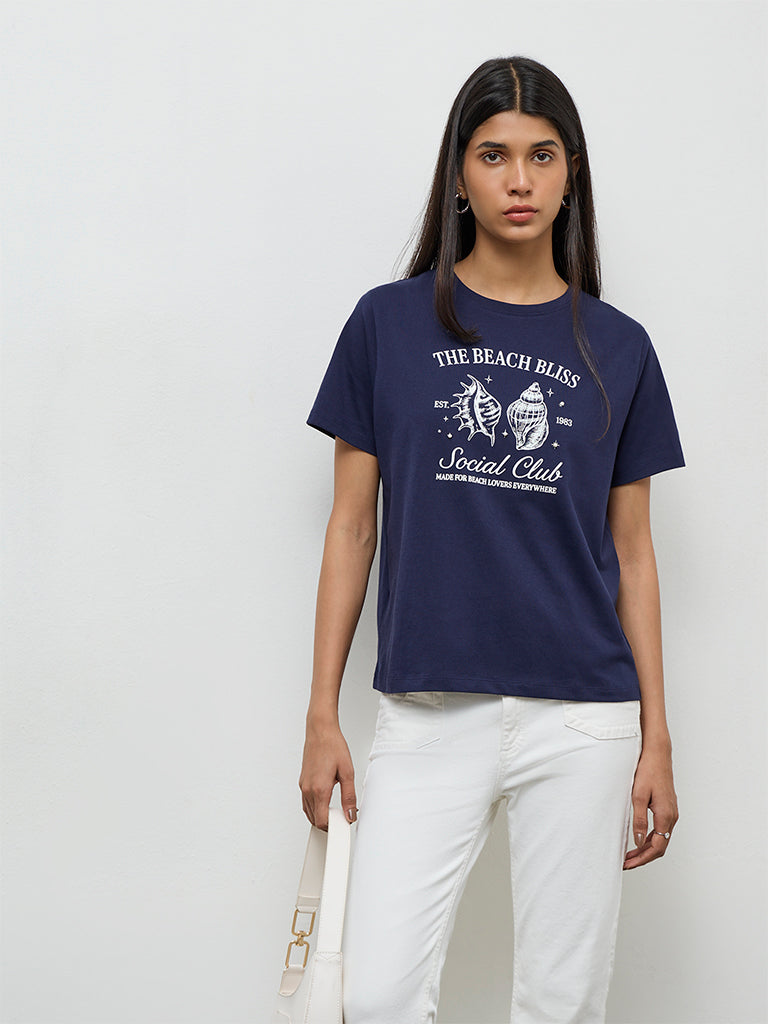 LOV Navy Printed Cotton T-Shirt