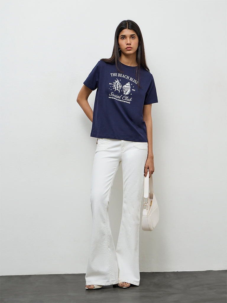 LOV Navy Printed Cotton T-Shirt