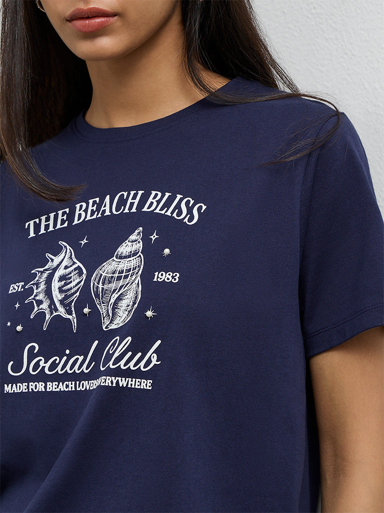 LOV Navy Printed Cotton T-Shirt