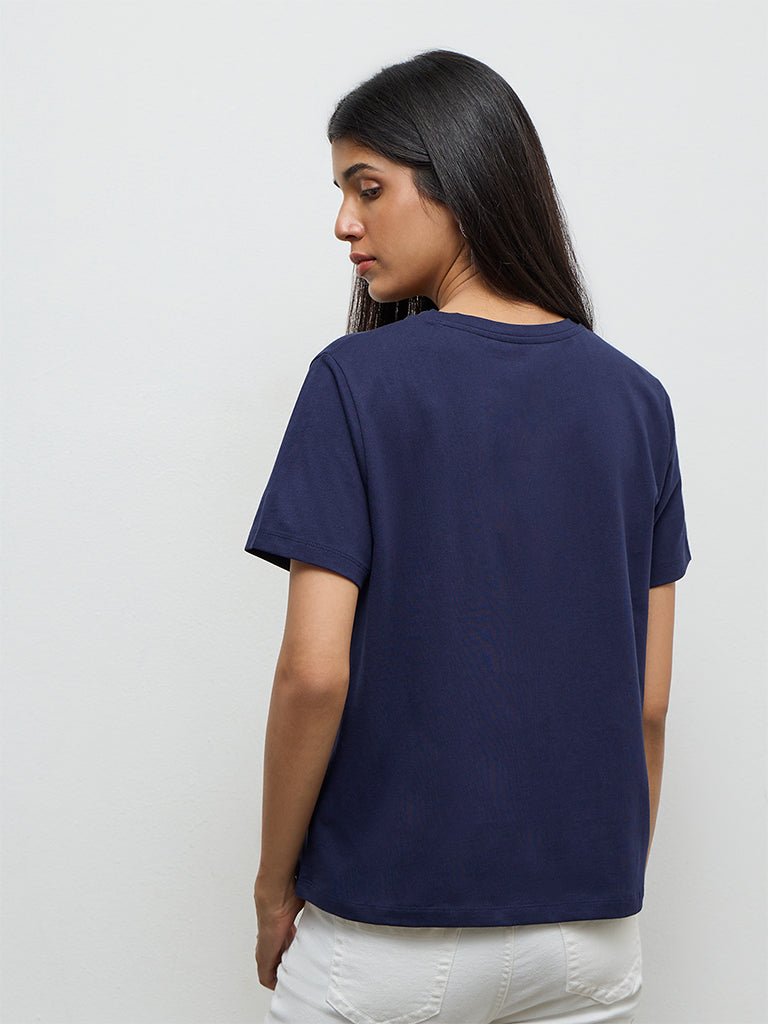 LOV Navy Printed Cotton T-Shirt