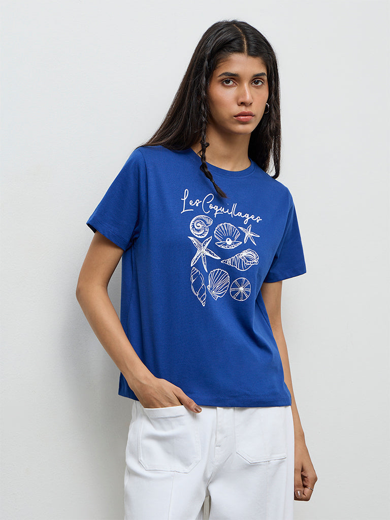LOV Blue Printed Cotton T-Shirt