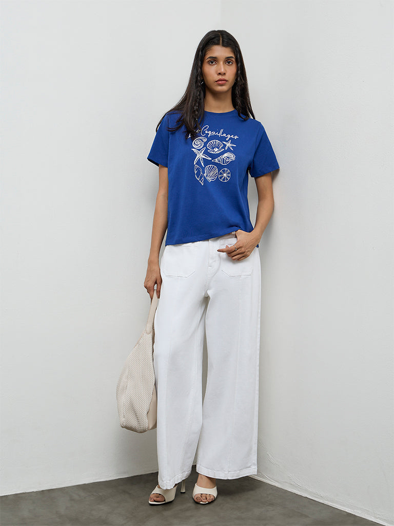 LOV Blue Printed Cotton T-Shirt